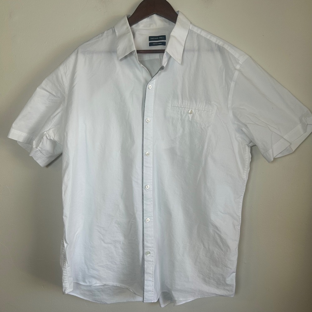 Zachary Prell‎ Button Down Shirt Mens XXL White Excellent Stretch Short Sleeve